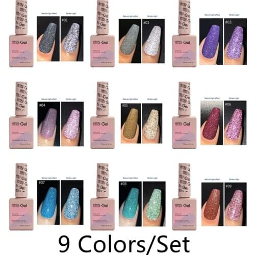 9 Colors/Set Broken Diamond Gel Nail Polish Glitter Reflective Bungee Semi Permanent Hybrid Varnishes Nail Art Glue manicure
