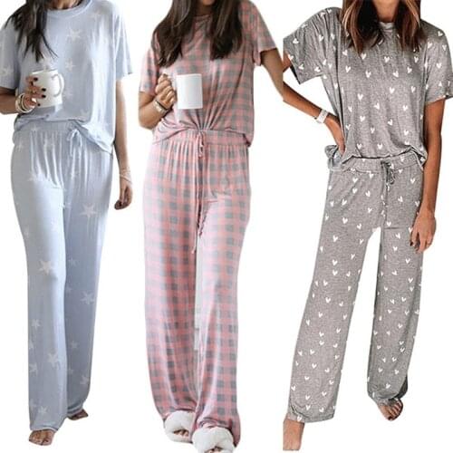 Summer Fashion Women Home Pajamas Set Short Sleeve Round Collar Tops + Trousers Two Piece Sets Ladies Casual Suits