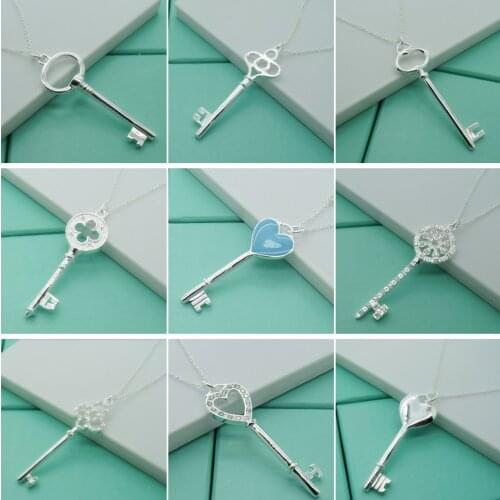 925 Sterling Silver Crystal Heart Round Key Pendant Necklace For Women Wedding Jewelry Silver Color Fashion Jewelry