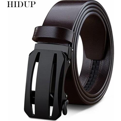 HIDUP New Design Top Quality Cow Cowhide Leather Ratchet Belts Fashion Styles Black Hollow Automatic Buckle Metal for Men NWJ641