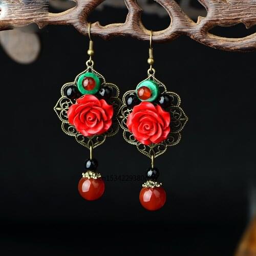 National Style Chalcedony Flower Earrings Charm Jewelry 925 Silver Accessories DIY Natural Agate Jade Amulet Gifts Her Women