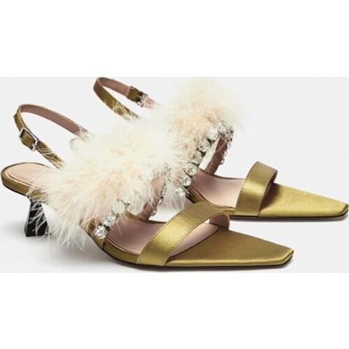 Modern Sandals Summer New Button Rhinestone Pointed Stiletto High Heels Sadnalias Fairy Style Fur Shoes Woman Thin Heel Pumps