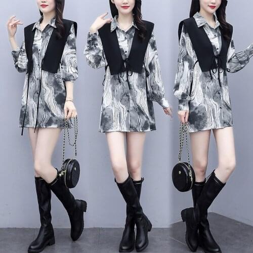 Spring/autumn Loose Two-piece Suit Printing Chiffon Shirt Dress Fashion Ensemble Femme Survetement Year-old Female Costume