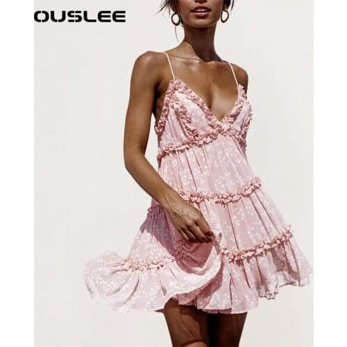 OUSLEE Vintage Chic Floral Print Dress Women Sleeveless Beach Bohemian Mini Dress Ladies V Neck Boho Casual Dress Vestidos Mujer