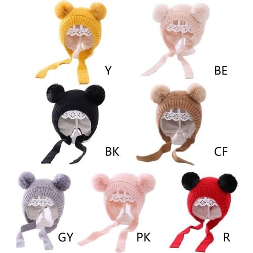 Kids Baby Knitted Beanie Hat Cute Double Pompom Ears Thicken Thermal Warm Plush Lined Earflap Skull Cap with Chin Strap