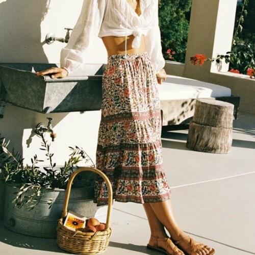 Happie Queens women Multi floral print ethnic beach Bohemian skirt ladies High Elastic Waist rayon cotton Boho Maxi Skirts