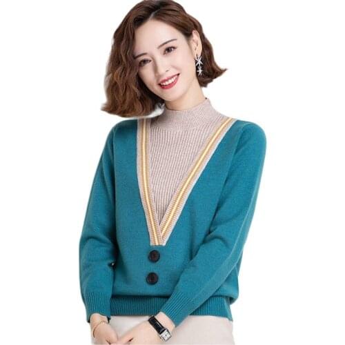 2021 Autumn Winter Cashmere Sweater Female Turtleneck Pullover Loose Long-sleeved Fake Two Pieces Sweater Knit Bottoming Shirt
