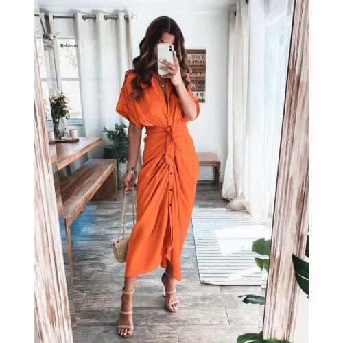 Women Dress Short Sleeve Shirt Dress with Wrap Belt Long Dresses for Women Casual Button Solid Sundress Summer New