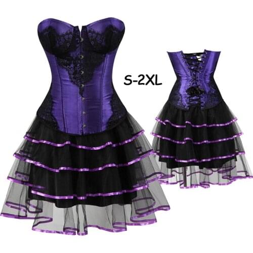Women Sexy Lingerie Bustier Corset Dress Set Cosplay Halloween Burlesque Costume Gothic Underwire Bra Waist Training Mini Skirt