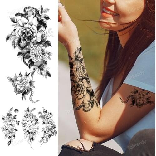 Snake flowers temporary tattoo for women girls men fake tattoo sleeves armband wrist underboob body tattoos sexy body art black