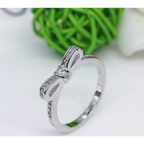 1PC Classic Silver Plated Sparkling Bow Knot Stackable Ring Elegant Women Wedding Jewelry