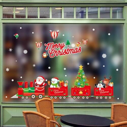 100*70cm Cartoon Red Train Christmas Decoration Santa Claus Wall Stickers Snowman Window Sticker New Year Home Decor Waterproof