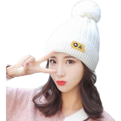 2021 Winter Warm Cashmere Knitted Hat Ladies Casual Cute Hair Ball Plus Velvet Ear Protection Wool Hat Autumn And Winter