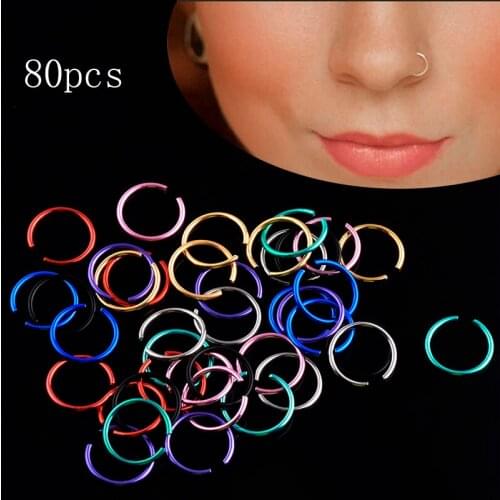 80Pcs Medical Titanium Steel Simple Hoop Nose Rings & Studs Hiphop/Rock Piercing Tragus Fake Septum Ring Lip Nail Body Jewelry