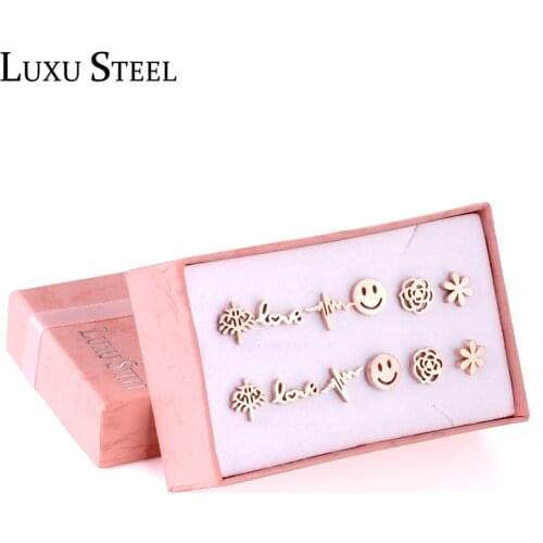 LUXUSTEEL Christmas Stud Earrings Stainless Steel Rose Gold Tree/Flower/Smile/Love/Beat Linghting 6Pairs/Boxes Earring Sets