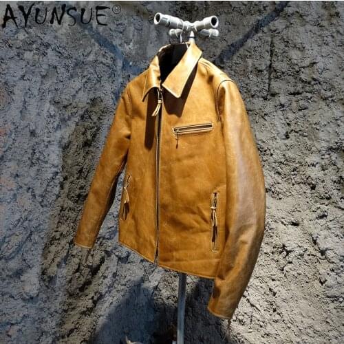 AYUNSUE 2021 Vintage Genuine Leather Jacket Men Spring 100% Cowhide Leather Coat Plus Size Mens Leather Jackets Chaquetas Hombre