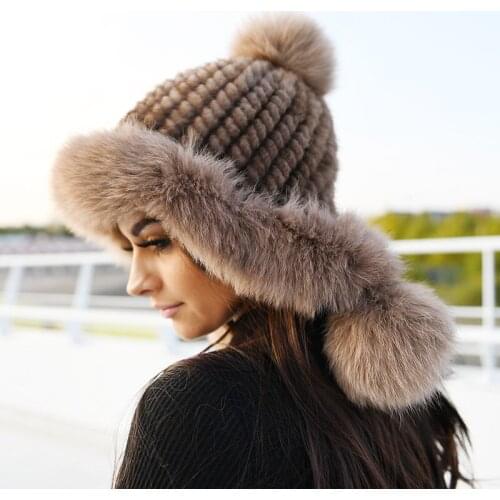 Free Shipping CX-C-60A Russia Winter Luxury Hand Knitted Fox Fur Trim Genuine Mink Fur Hat