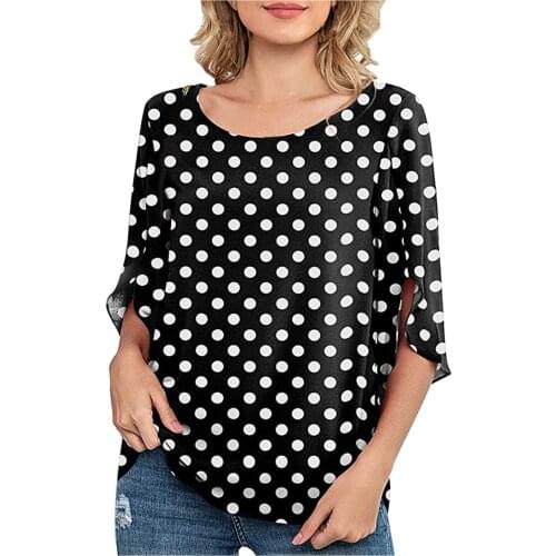 O-neck Loose 3/4 Sleeve Chiffon Blouse Tops Dot Print Womens Blusass Summer Casual Shirt Tops Short Sleeve Round Neck Blusas