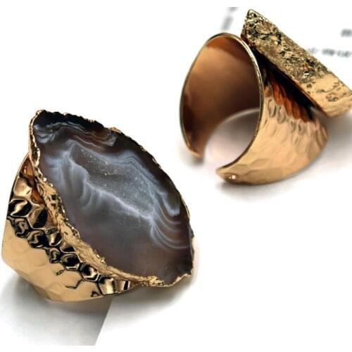 Big Gold Rim Vintage blue Purple Geode Crystal Flower Agates Stone Slice Adjust Open Hammered Ring Cuff for Woman Man Ring A4