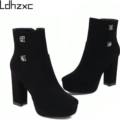 LDHZXC New Arrival Women Ankle Boots Cow Suede Leather Round Toe High Heels Platform Boots Autumn Winter Party Shoes Female