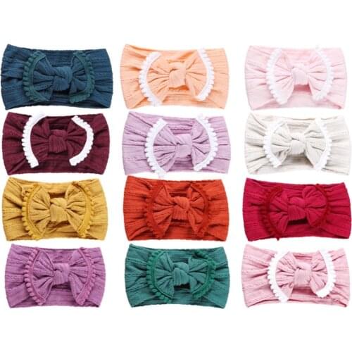 12pcs/lot Baby Bow Hair Band Macrame Balls Nylon Headband Pompom Ruffles Trim Bow Hair Accessories Infants 12 Colors JFNY107B