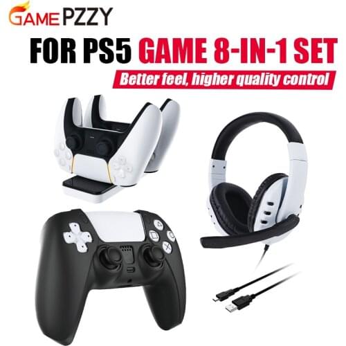 For PS5 Game 8-in-1 Set Headphone Gamepad Charger Handle Silicone Case Charging Cable Rocker Cap