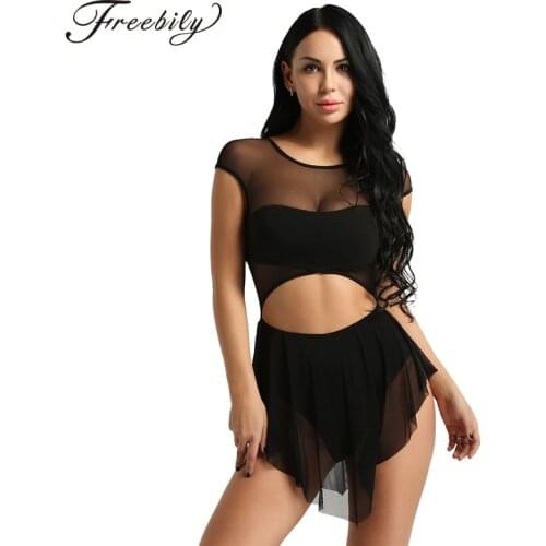 Women Sleeveless Ballet Tutu Dress Mesh Cutout Asymmetrical Adult Dance Gymnastics Ballet Leotard Bodysuit Ballet Dancewear
