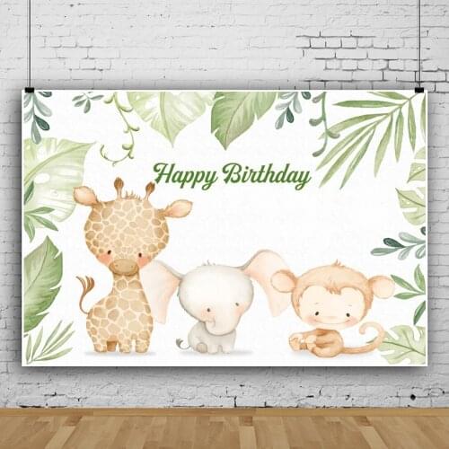 Laeacco Jungle Safari Happy Birthday Party Background Tropical Plants Animal Baby Portrait Customize Poster Photography Backdrop