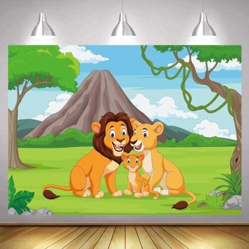 Cartoon Lions Family Forest Photo Backdrops Newborn Baby Shower Wild One Birthday Photography Backgrounds Party Decor
