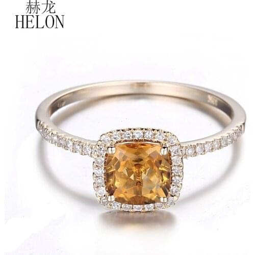 HELON Solid 10K Yellow Gold Flawless Cushion 6x6mm Genuine Natural Citrine 0.2ct Diamonds Engagement Wedding Trendy Jewelry Ring