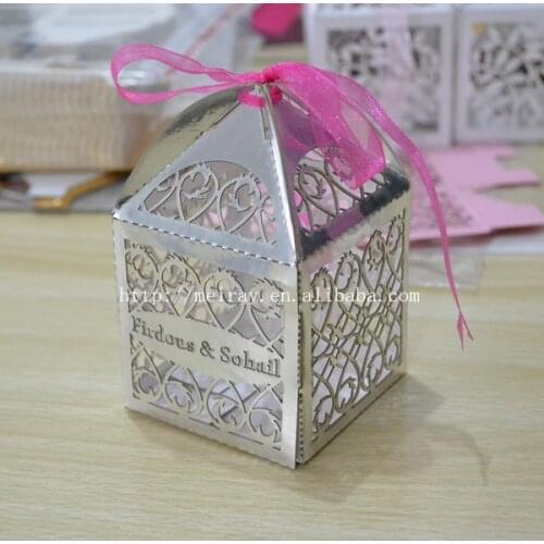 Filigree favor box,metallic silver wedding laser cut favor box with free hot pink ribbons