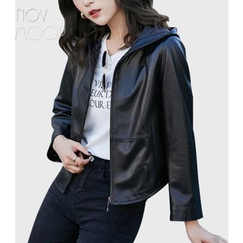 Novmoop genuine leather spring autumn hooded jacket unisex simple neat style daily easy to wear Veste de cuir LT3507