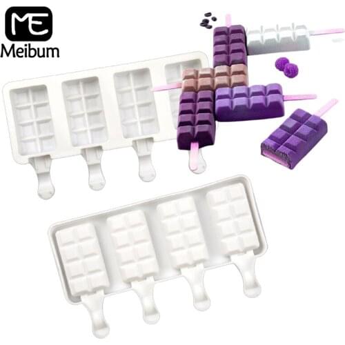 Meibum Silicone Moulds Juice Milk Cube Tray 4 Cavity Ice Cream Molds Childs Cold Drink Dessert Tools Wooden Popsicle Sticks
