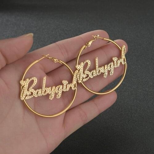 Trendy 30mm-100mm Custom Name Hoop-earring Stainless Steel Personalized Letter Crystal Hoop Nameplate Earrings Statement Jewelry