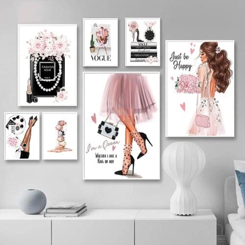 Fashion Modern Poster Print Girl Flower High Heels Perfume Handbag Canvas Painting Nordic Wall Art Picture For Living Room Decor