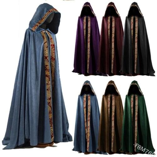 Reenactment Cosplay Medieval Long Cape Halloween Party Women Men Adult Long Mage Witchcraft Wicca Robe Conceal Gown Hooded Cloak