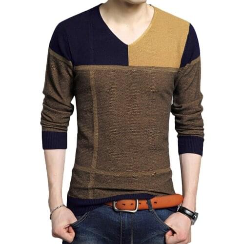 Autumn New Mens Sweater Fashion Casual V-neck Color Matching Headband Youth Mens Sweater Color Contrast Patchwork Cashmere