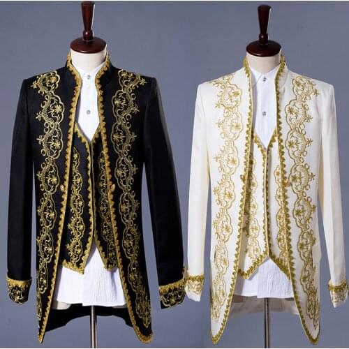 Mens Classic Gold Jacket Three Piece Embroidery Palace Stage Singer Wedding Suits Latest Coat Pant Designs Costume Homme Tuxedo