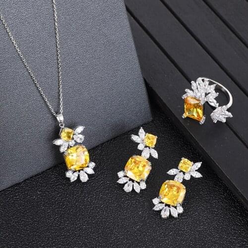 Famous Design Luxury 3PC Necklace Ring Earring Sets For Women Wedding Bridal Cubic Zirconia Dubai PARTY Jewelry E6538