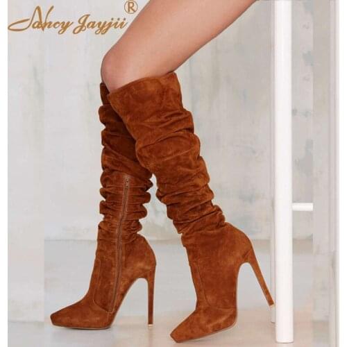 Brown Casual Boots Knee-High Shoes Woman Flock Pointed Toe Mujer Shoes Femme Fashion Heels Size 4-16 Nancyjayjii 2021 Ladies