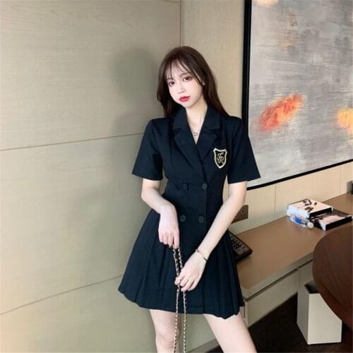 Harajuku solid double-breasted suit dress female oversized clothes summer 2021 new short-sleeved waist slim pleated skirt trend