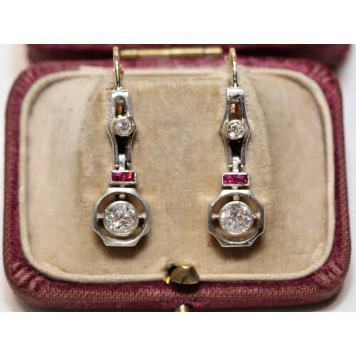 ANTIQUE ART DECO 14K GOLD 84 RUSSIAN SILVER NATURAL DIAMOND AND RUBY EARRING