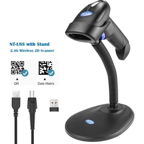 2.4GHz Wireless and wired 2D Barcode Scanner with Stand Automatic Sensing Scanning QR Bar code Reader PDF417 for mobile payment