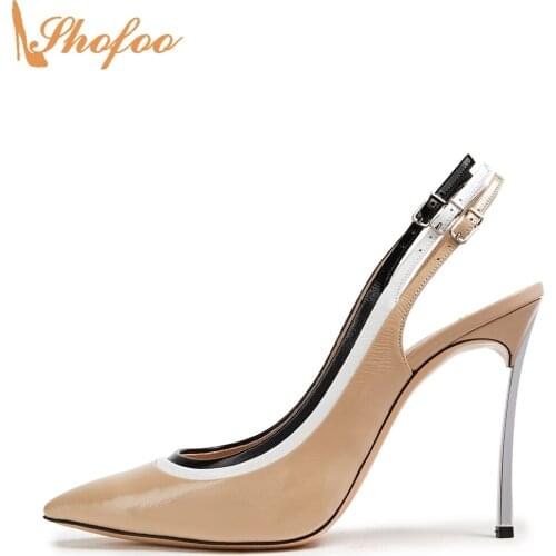 Nude Stiletto High Heels Women Pumps Pointed Toe Three Buckle Strap Plus Size 15 16 Ladies Summer Fashion Slingback Shoes Shofoo