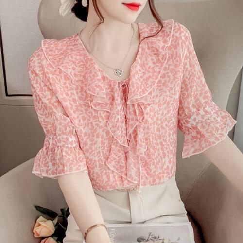 Floral Chiffon Women Shirts Elegant All-Match Bow-Knot Print Aesthetic Ruffle Blouses Short Sleeve Ladies Blusas TOps MM0881