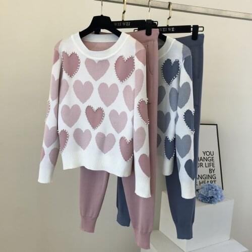 New Fashion Women Knitted Clothes Sets Elegant Knitting Long Sleeve Pearls Loveheart Pullovers+Pants 2Pcs Suits Autumn Outfits