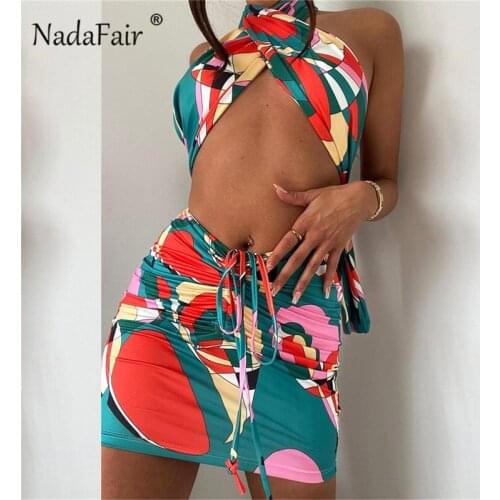 Nadafair Multi Mini Dress Sexy Summer Women Dress Backless Drawstring Tie Up Vintage Printed Bodycon Beach Woman Dress Set