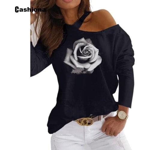 2021 New Fashion Flower Print Tops Plus Size Women Long Sleeve Asymmetrical Collar T-Shirt Casual Loose Tees Shirt Femme 3XL