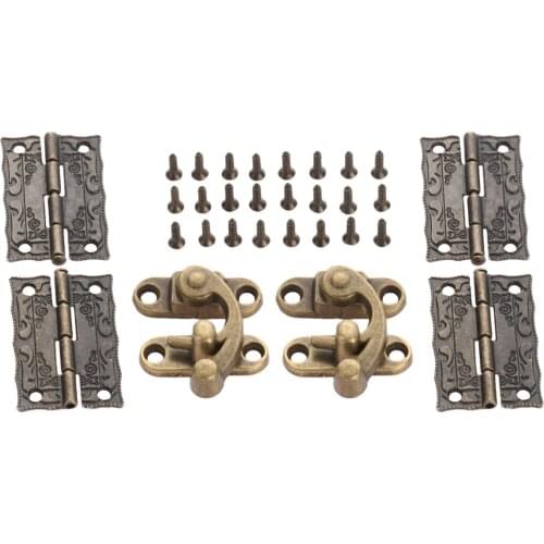 4pcs Furniture Decorative Cabinet Hinge +2pcs Antique Bronze Jewelry Wood Box Latch Hasp Clasp Door Lock Hook Furniture Hardware