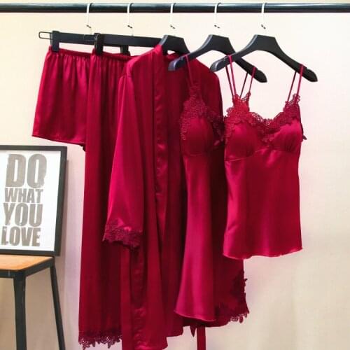 5 Pieces Women Pajamas Sets Faux Silk Pajamas Sleepwear Sets Elegant Sexy Lace Pyjamas Fashion Spring Autumn Summer Homewear